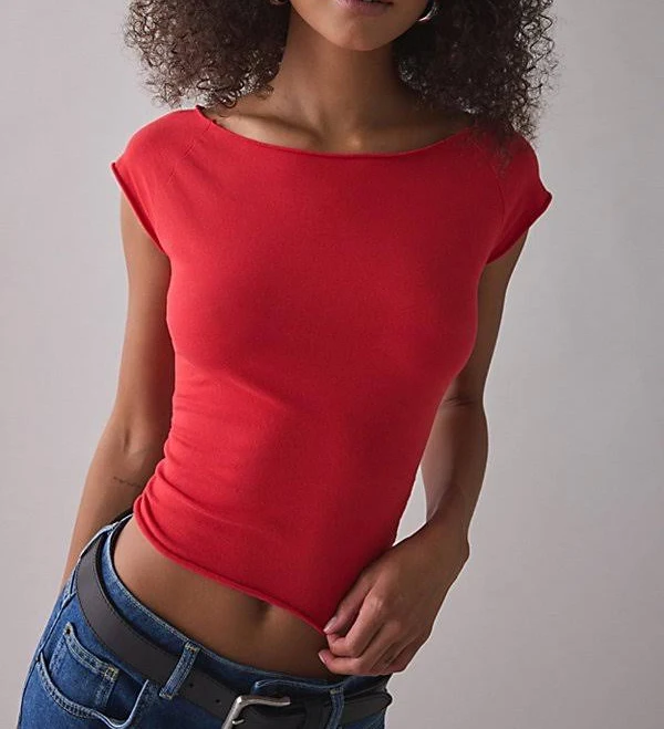 top Out From Under Cotton Compression Boatneck Cropped Tee Top in Red, Women's L at Urban Outfitters Urban Outfitters $25