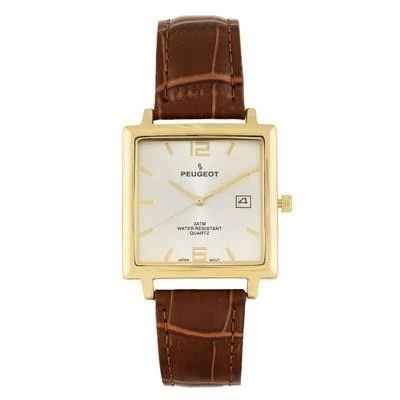 accessory Peugeot Men's 14K Gold Plated Square Watch with Brown Leather Strap Target $65