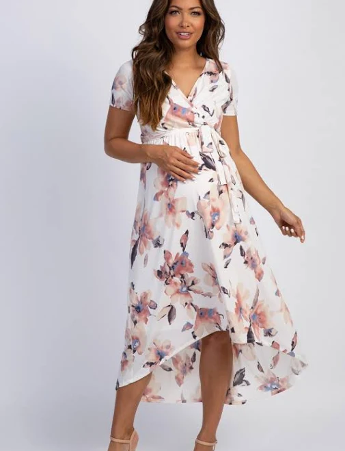 dress Pinkblush Maternity Ivory Watercolor Floral Hi-Low Wrap Dress Macy's $60.8