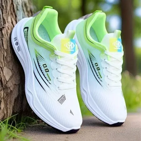 shoes PLERISE Men's Breathable Mesh Running Shoes - Lightweight Low-Top Sneakers with Striped Design, White & Lime Green Accents, Durable Rubber Sole for Walmart - PONSEY. $44.71