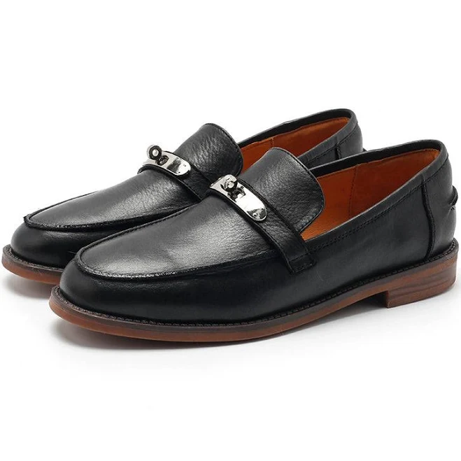 loafers Pointed Toe Metal Buckle Front Leather Loafers Obiono $106