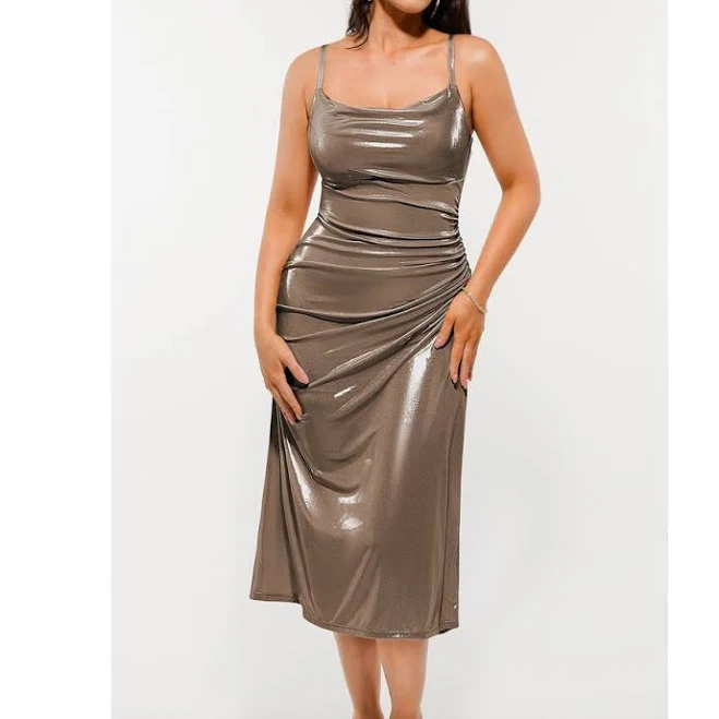 dress Popilush Women's Metallic Cowl Neck Side Ruched Sculpting Midi Dress Nordstrom $119