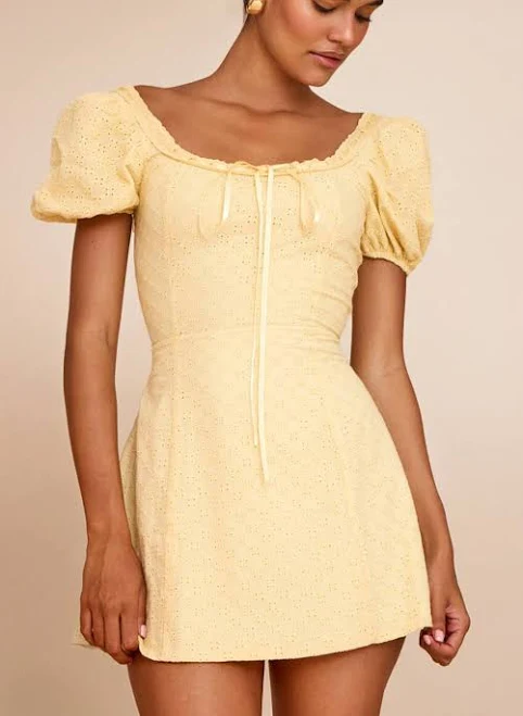 dress PrettyLittleThing Women's Broderie Puff Sleeve A-line Mini Dress in Yellow | Size: 10 Nasty Gal - US $44