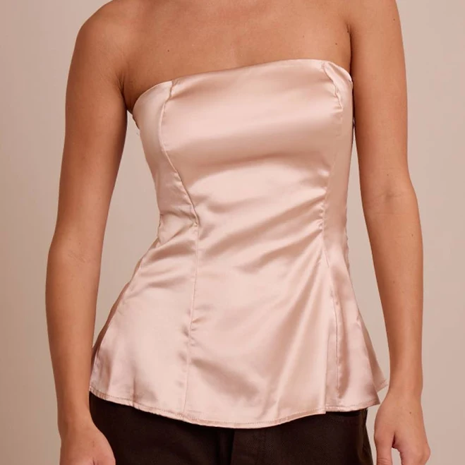 top PrettyLittleThing Women's Satin Longline Bandeau Top in Champagne | Size: 12 Nasty Gal - US $17.2