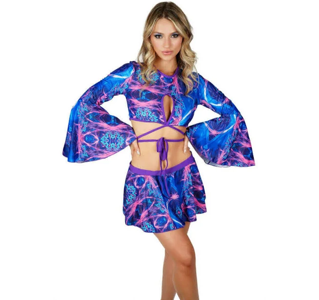 matching set Psychedelic Blue Swirl Tie Dye Keyhole Crop Top & Skirt Set Abracadabra NYC $49.95