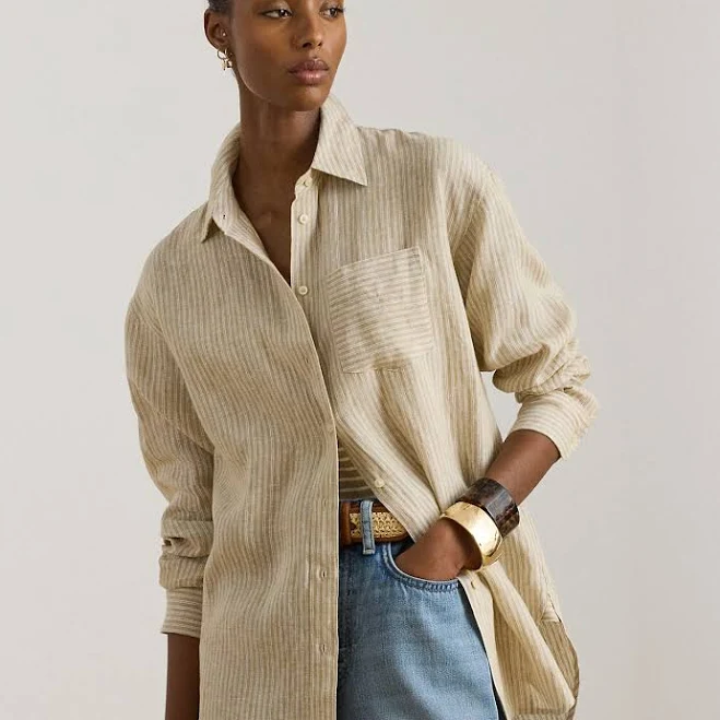 top Ralph Lauren Women's Relaxed Fit Linen Striped Shirt Ralph Lauren $145