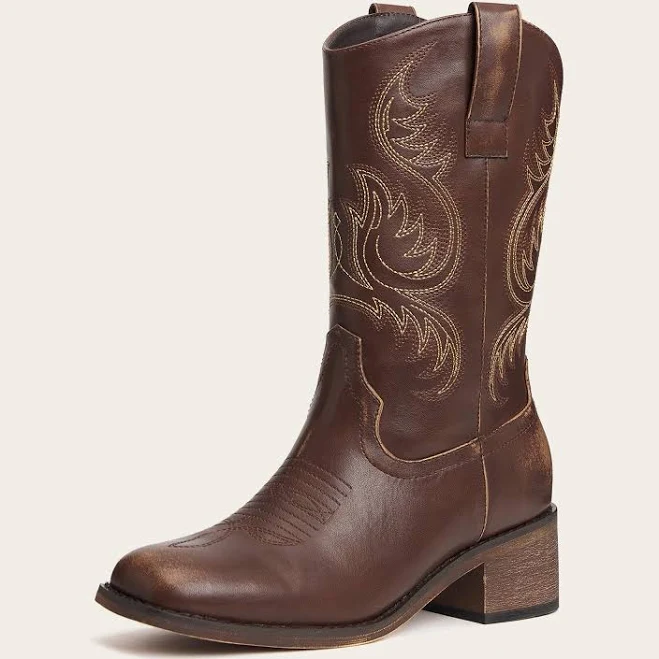 shoes REDTOP Brown Square Toe Embroidered Comfortable Mid-Calf Cowgirl Boots Redtop $82.02