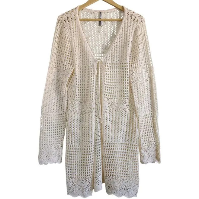 cover up Refuge Crochet Long Duster Cardigan Cream Size L/XL - Women | Color: Gray/White | Size: L Mercari $35