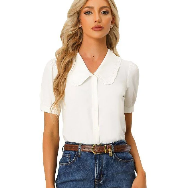 top Retro Vintage Peter Pan Collar Puff Short Sleeve Blouse Kohl's $40.99