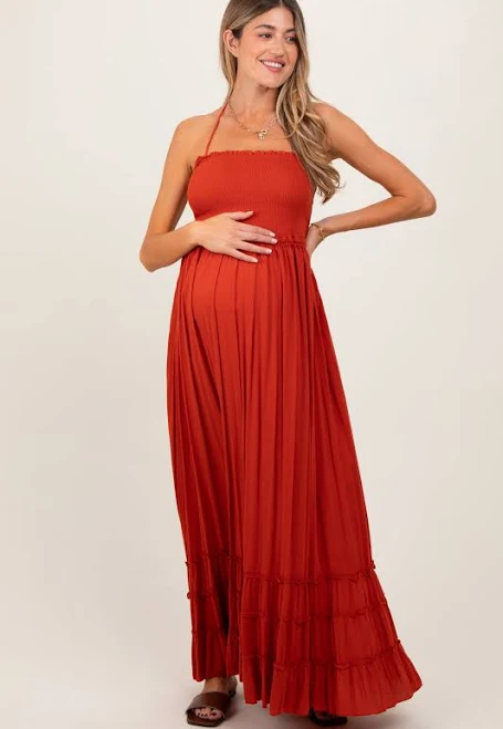 dress Rust Smocked Woven Maternity Maxi Dress PinkBlush Maternity $47