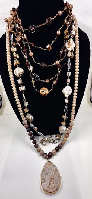 accessory Set Of 3 Brown Tones Natural Stone Shell Glass & Bead Necklaces eBay $20