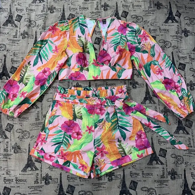 matching set Shein Tropical Multicolor Print High Rise Belted Paper Bag Short Crop eBay - ruus563 $30
