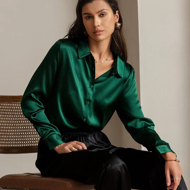 oversized shirt SilkSilky Women's Silk Button Up Shirt, 19-Momme, Dark Green / XL SilkSilky $99.95