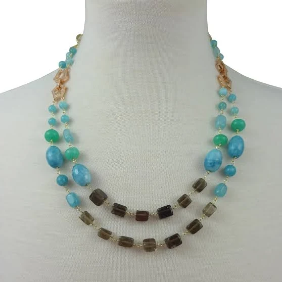 accessory Smokey Quartz and Blue Quartz Layered Necklace Etsy - MYGEMSROCK $13.8