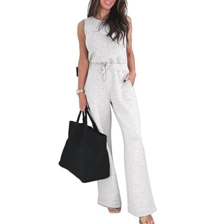 jumpsuit Solid Color High Waist Crew Neck Jumpsuit with Drawstring Walmart - Feminine Charm $46.01