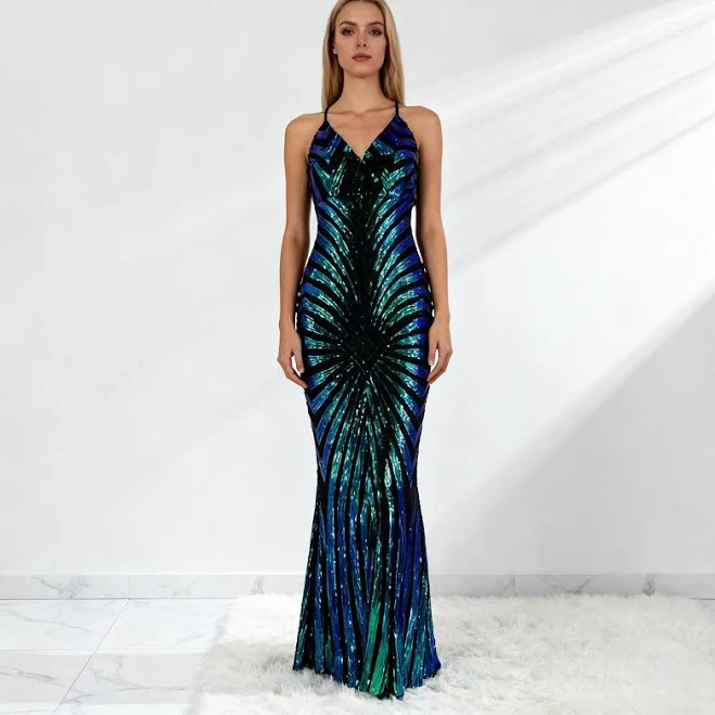 dress Spaghetti Strap V-Neck Sequin Mermaid Maxi Dress Etsy - Seller $100