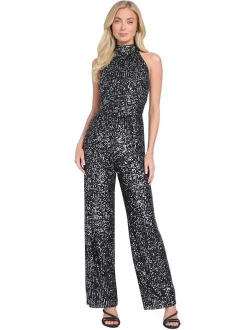 rave outfit Stacy Women's Sequin Halter Neck Jumpsuit Guess Factory $99.99