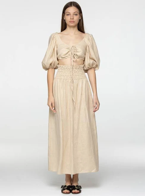 matching set Starlight Oat Linen Wrap Crop Top and Maxi Skirt Set True Things $79.8