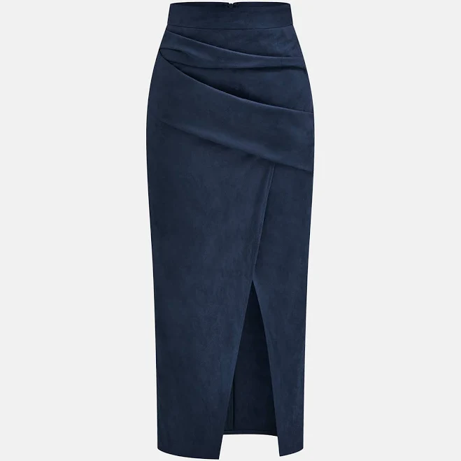 bottoms Suede Midi Skirt with Draped Slit Commense $45
