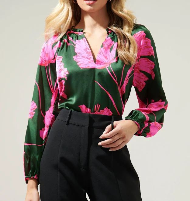 top Sugarlips Eartha Floral Jovie Split Neck Satin Raglan Blouse Sugarlips $56.25