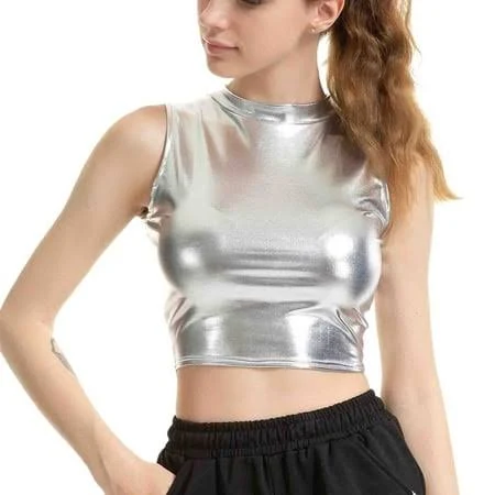 crop top Swsmclt Women's Metallic Shirt Soft Stretch Workout Crop Tank Top High Neck Fitted Fashion Dance Halter Sleeveless Cropped Top Walmart - ruijiedianzishangwu $9.99