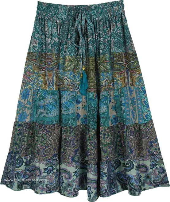 skirt Teal Paisley Print Tiered Midi Skirt with Tassels in Polyester by TLB The Little Bazaar $24.99