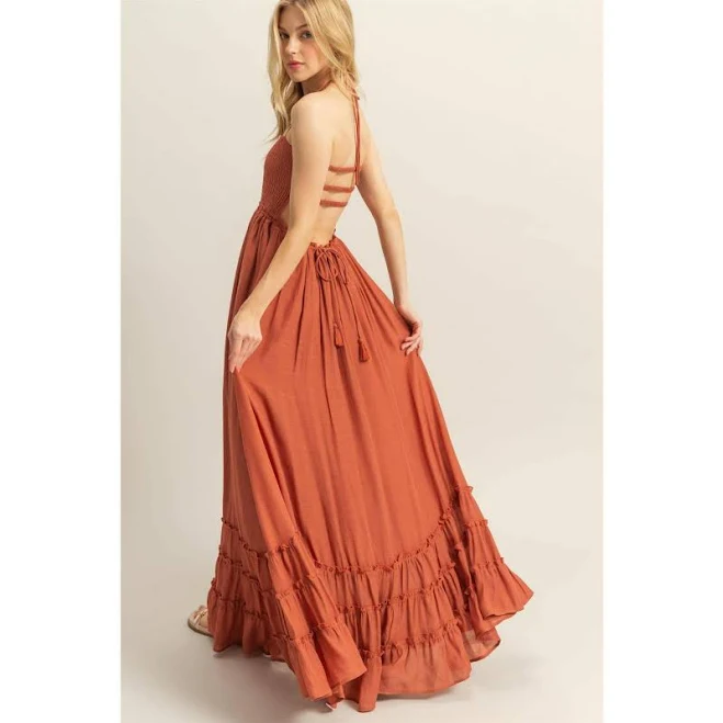 dress Tiered Smocked Bodice Halter Neckline Maxi Dress Krush Kandy $48.95