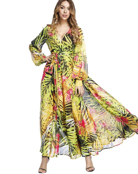 dress Tropical Leaf Printed V-Neck Lantern Sleeve Wrap Maxi Dress milanoo $24.99