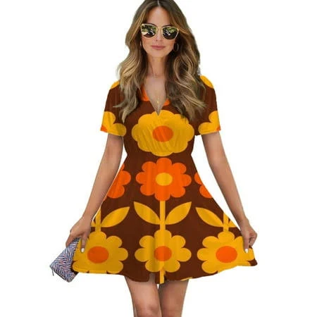 dress TYFDALT25 Retro Floral Brown Orange Pattern Women Dress V-Neck Short Sleeve Flowy Swing Party Midi Dress, Women's, Size: Medium Walmart - chongyi home decor $31.8