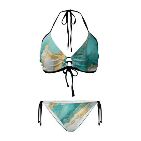 swimwear Uourmeti Teal Gold Marble Halter Triangle Bikini Set - Sexy Tie Side Two Piece Swimsuit for Beach Vacation & Pool Party | Quick Dry, Stretchy Swimwear Walmart - Uourmeti $21.99