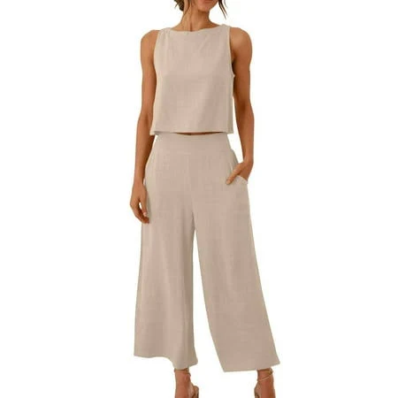 matching set Uppada Womens Linen 2 Piece Outfits Sleeveless Crop Tank Top Capri Wide Leg Pants Sets Casual Matching Lounge Set Linen Sets Walmart - UPPADA Fashion $19.79