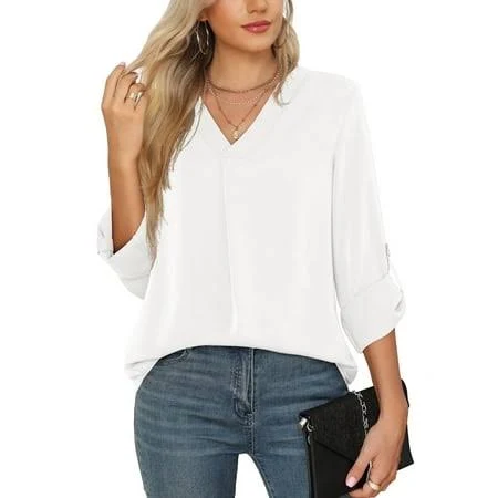 top Uvplove 3/4 Sleeve Blouses for Women Casual Elegant Chiffon V Neck Tops,US Walmart - Uvplove $16.99