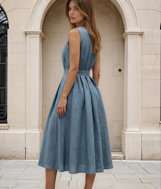 dress V-Neck Linen Midi Dress with Tie Waist Etsy - Seller $143.09