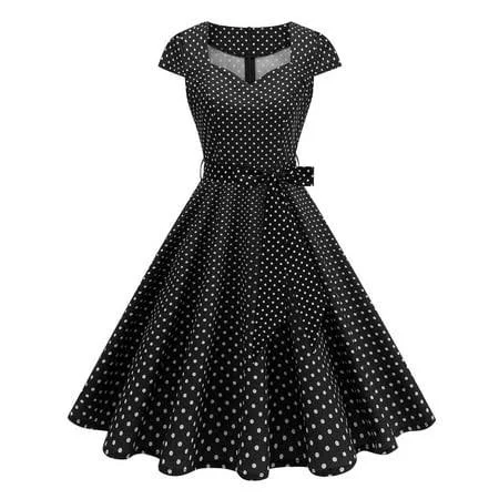dress Vintage 1950s Short Sleeve Sweetheart Neckline Polka Dot Cocktail Dress Walmart - ModishCloset $24.87
