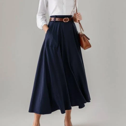 skirt Vintage High Waist A-Line Cotton Blend Midi Skirt with Pockets Etsy - xiaolizi $71.1