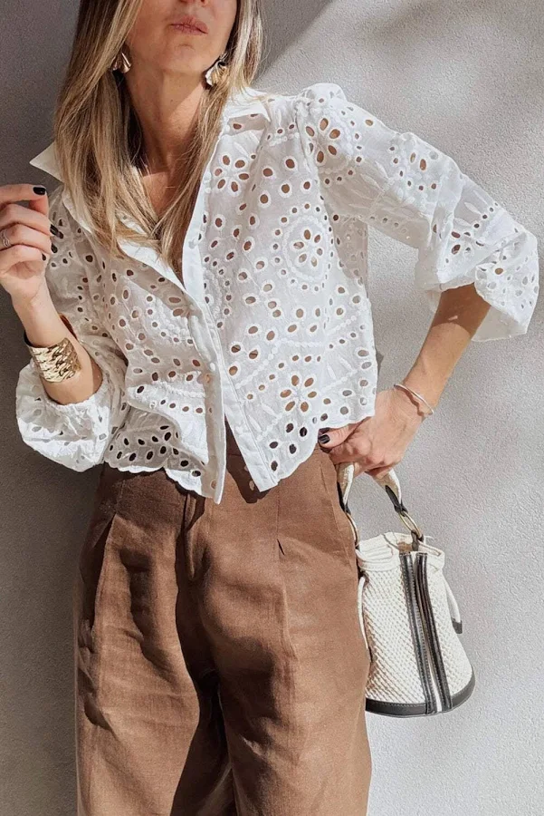 top White Eyelet Embroidered Puff Sleeve Crop Shirt eBay - sybariticbags $40.99