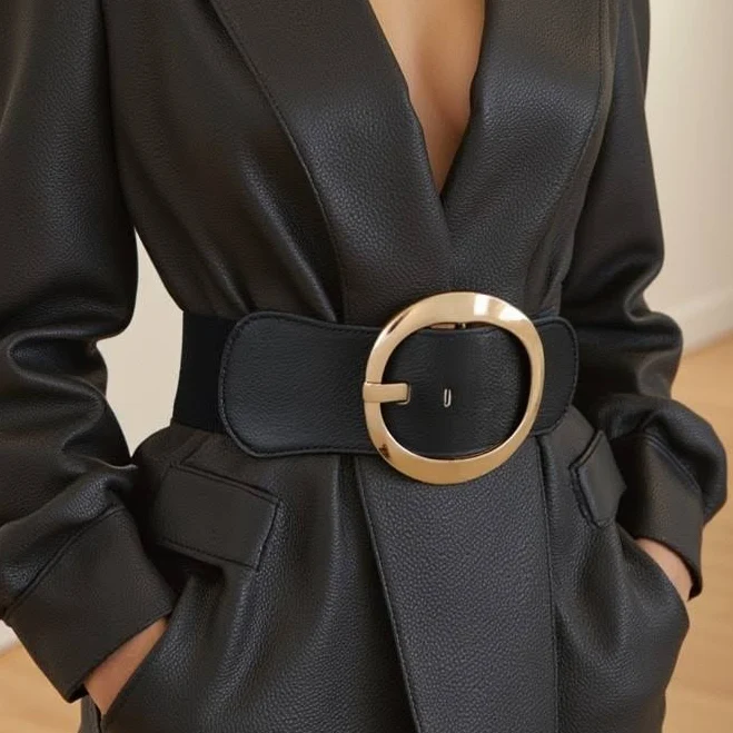 accessory Women Black Wide Faux Leather Elastic Comfortable Belt Gold Metal eBay - alwaystyle4you $18.99