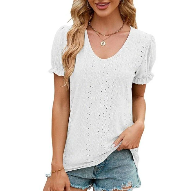 top Women Eyelet Puff Sleeve V-Neck Blouse Casual Short Sleeve Top, Women's, Size: Large, White Kohl's $24.99