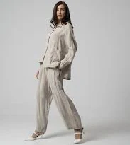 matching set Women's Beige Travel Set - Button-Down Shirt with Wide Leg Pants ailaksa.com $147.11