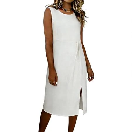 dress Women's Boho Crewneck Linen Midi Dress with Side Split Walmart - CaiHuaHui Clothing Clearance $14.95