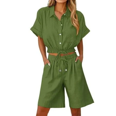 matching set Women's Casual Button Down Cropped Tops and Drawstring High Waist Shorts Walmart - Htigea $24.4