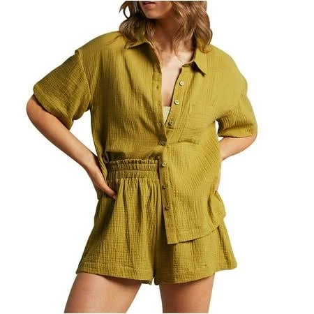 two piece set Women's Casual Linen Short Sleeve Button Down Shirt Shorts Outfit Walmart - gjutow $14.99