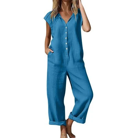 romper Women's Casual Loose Straight Leg Cotton Linen Jumpsuit with Pockets Walmart - SEROYE Fashion Outfits $12.36