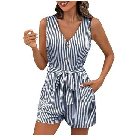 romper Women's Casual Sleeveless V-Neck Stripe Jumpsuit Walmart - UsYezik $16.69