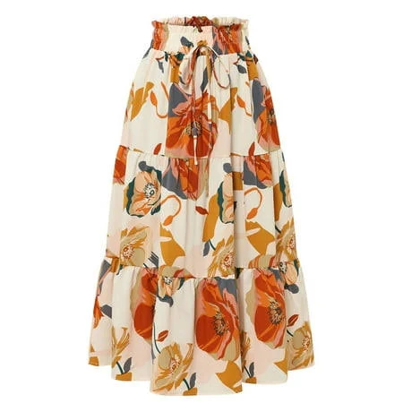 skirt Women's High Waist Floral Print Maxi Skirt with Drawstring Waistband Walmart - xiangpeng $20.55