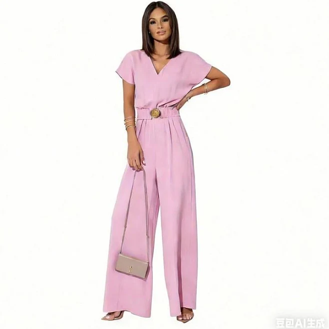 jumpsuit Womens Jumpsuit V Neck Short Sleeve Waist Belt Wide Leg Casual Work Office One-Piece Summer Outfit, Women's, Size: Small, Pink Kohl's $42.99