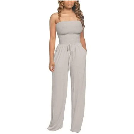 jumpsuit Women's Linen Bandeau Strapless Wide Leg Jumpsuit with Pockets Walmart - FASESH $20.93