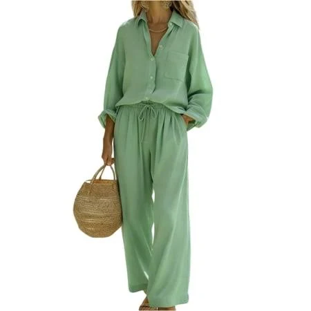 matching set Women's Linen Long Sleeve Collared Button Down Shirt and Drawstring Pants Set Walmart - bbyeadc $31.99