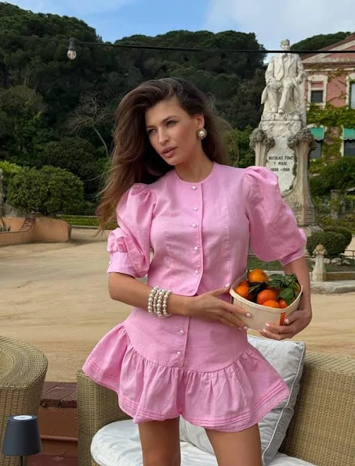 matching set Women's Linen Two Piece Set with Ruffle Skirt and Puff Sleeve Crop Top Etsy - Seller $133.4