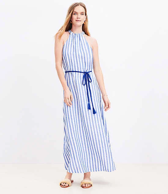 dress Women's Loft Striped Linen Blend Belted Halter Maxi Dress LOFT $35.95